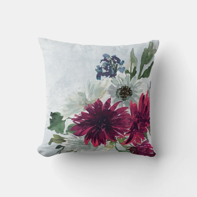Burgundy Floral Splash op Grey Kussen (Voorkant)