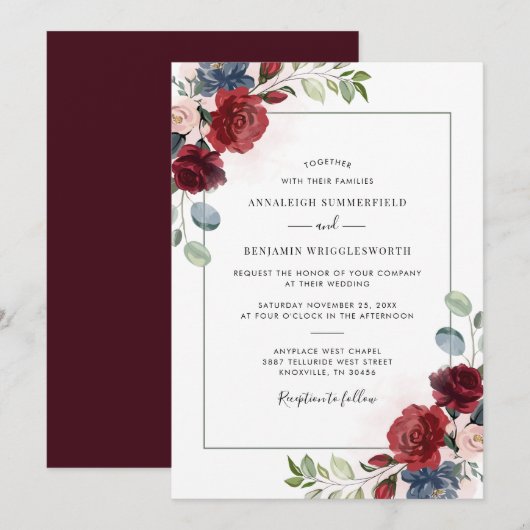Burgundy Floral Spring Wedding Invitation Kaart (Voorkant / Achterkant)