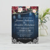 Burgundy Floral String licht Mason Jar Wedding Kaart (Staand voorkant)