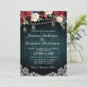 Burgundy Floral String licht Mason Jar Wedding Kaart (Staand voorkant)