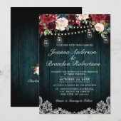 Burgundy Floral String licht Mason Jar Wedding Kaart (Voorkant / Achterkant)