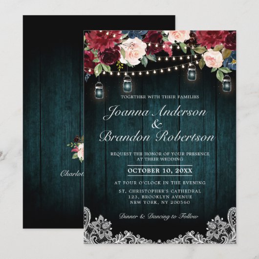 Burgundy Floral String licht Mason Jar Wedding Kaart (Voorkant / Achterkant)