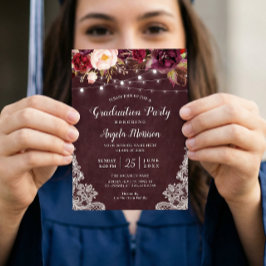 Burgundy Floral String Light Lace Graduparty Kaart