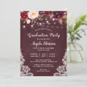 Burgundy Floral String Light Lace Graduparty Kaart (Staand voorkant)
