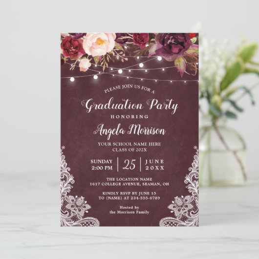Burgundy Floral String Light Lace Graduparty Kaart (Staand voorkant)