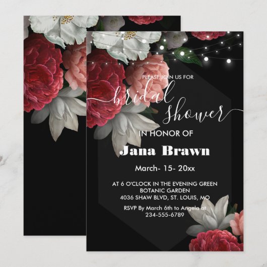 Burgundy floral string light Vrijgezellenfeest Kaart (Voorkant / Achterkant)