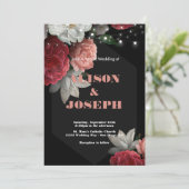 Burgundy floral string light Wedding Invitation Kaart (Staand voorkant)