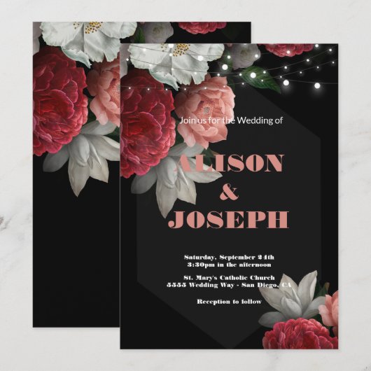 Burgundy floral string light Wedding Invitation Kaart (Voorkant / Achterkant)