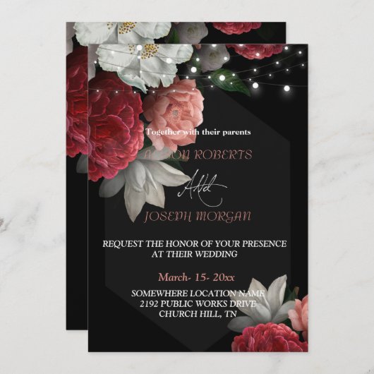Burgundy floral string light Wedding Invitation Kaart (Voorkant / Achterkant)