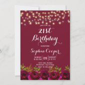Burgundy Floral String Lights 21st Birthday Party Kaart (Voorkant)