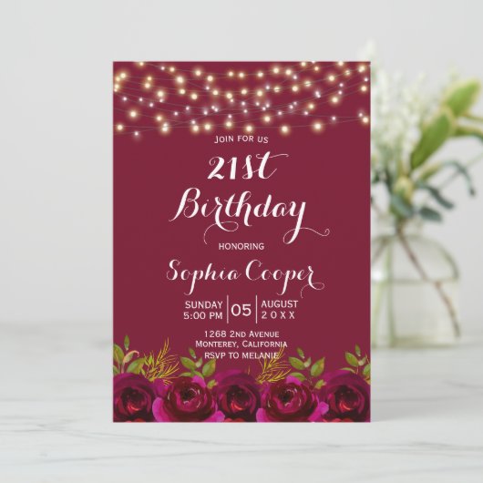 Burgundy Floral String Lights 21st Birthday Party Kaart (Staand voorkant)