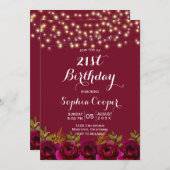Burgundy Floral String Lights 21st Birthday Party Kaart (Voorkant / Achterkant)