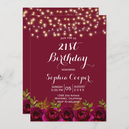 Burgundy Floral String Lights 21st Birthday Party Kaart (Voorkant / Achterkant)