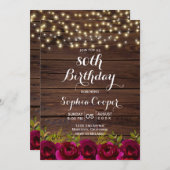 Burgundy Floral String Lights 80th Birthday Party Kaart (Voorkant / Achterkant)