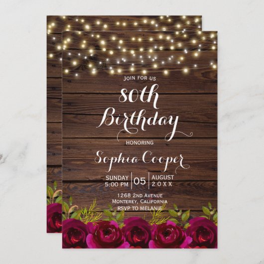 Burgundy Floral String Lights 80th Birthday Party Kaart (Voorkant / Achterkant)