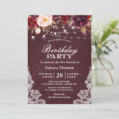 Burgundy Floral String Lights Lace Birthday Party Kaart (Staand voorkant)