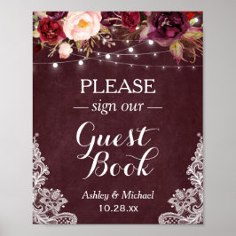 Burgundy Floral String Lights Lace Sign Guestbook Poster