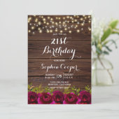 Burgundy Floral String Lights Wood 21st Birthday Kaart (Staand voorkant)