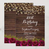 Burgundy Floral String Lights Wood 21st Birthday Kaart (Voorkant / Achterkant)