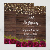 Burgundy Floral String Lights Wood 50th Birthday Kaart (Voorkant / Achterkant)