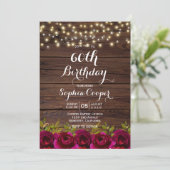 Burgundy Floral String Lights Wood 60th Birthday Kaart (Staand voorkant)