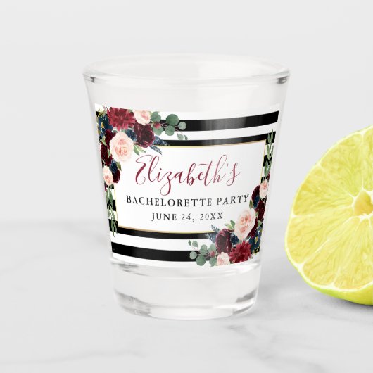 Burgundy Floral Striped Bachelorette Party Shot Glas (Voorkant)