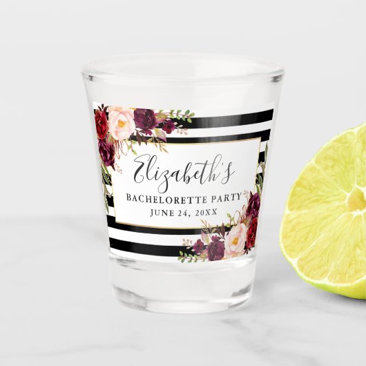 Burgundy Floral Striped Bachelorette Party Shot Glas (Voorkant)
