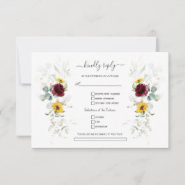 Burgundy Floral Sunflowers Airy Leaves Wedding    RSVP Kaartje