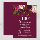 Burgundy Floral Surprise 100th Birthday Party Kaart (Voorkant / Achterkant)