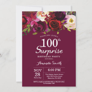Burgundy Floral Surprise 100th Birthday Party Kaart