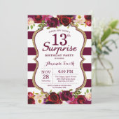 Burgundy Floral Surprise 13th Birthday Party Kaart (Staand voorkant)