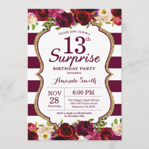 Burgundy Floral Surprise 13th Birthday Party Kaart