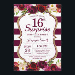 Burgundy Floral Surprise 16th Birthday Party Kaart<br><div class="desc">Burgundy Floral Surprise 16th Birthday Party Invitation for women. Burgundy Red en Gold Birthday Party nodigen uit. Gold Glitter. Florale bloem van de Bourgogne Waterverf. Bourgogne en witte strepen. 13e 15e 16e 18e 21e 30e 40e 50e 60e 70e 90e 100e, Alle leeftijden. Afdrukbaar digitaal. Voor verdere aanpassing, te klikken gelieve...</div>