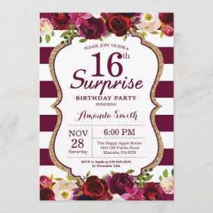 Burgundy Floral Surprise 16th Birthday Party Kaart