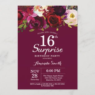Burgundy Floral Surprise 16th Birthday Party Kaart