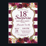 Burgundy Floral Surprise 18th Birthday Party Kaart<br><div class="desc">Burgundy Floral Surprise 18th Birthday Party Invitation for women. Burgundy Red en Gold Birthday Party nodigen uit. Gold Glitter. Florale bloem van de Bourgogne Waterverf. Bourgogne en witte strepen. 13e 15e 16e 18e 21e 30e 40e 50e 60e 70e 90e 100e, Alle leeftijden. Afdrukbaar digitaal. Voor verdere aanpassing, te klikken gelieve...</div>