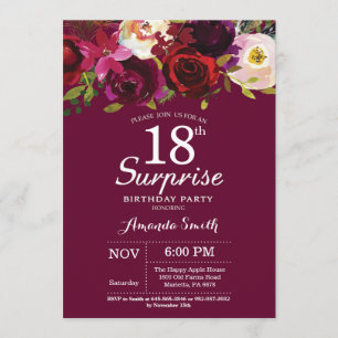 Burgundy Floral Surprise 18th Birthday Party Kaart