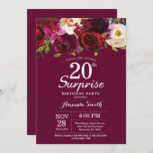 Burgundy Floral Surprise 20th Birthday Party Kaart (Voorkant / Achterkant)