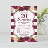 Burgundy Floral Surprise 20th Birthday Party Kaart (Staand voorkant)