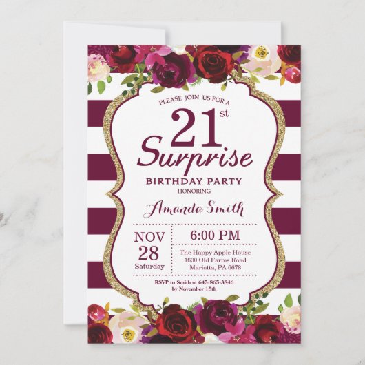 Burgundy Floral Surprise 21st Birthday Party Kaart (Voorkant)