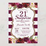 Burgundy Floral Surprise 21st Birthday Party Kaart<br><div class="desc">Burgundy Floral Surprise 21st Birthday Party Invitation for women. Burgundy Red en Gold Birthday Party nodigen uit. Gold Glitter. Florale bloem van de Bourgogne Waterverf. Bourgogne en witte strepen. 13e 15e 16e 18e 21e 30e 40e 50e 60e 70e 90e 100e, Alle leeftijden. Afdrukbaar digitaal. Voor verdere aanpassing, te klikken gelieve...</div>