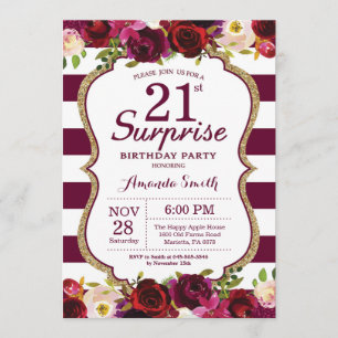 Burgundy Floral Surprise 21st Birthday Party Kaart