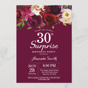Burgundy Floral Surprise 30th Birthday Party Kaart