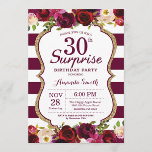 Burgundy Floral Surprise 30th Birthday Party Kaart
