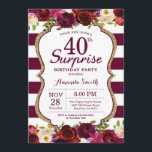 Burgundy Floral Surprise 40th Birthday Party Kaart<br><div class="desc">Burgundy Floral Surprise 40th Birthday Party Invitation for women. Burgundy Red en Gold Birthday Party nodigen uit. Gold Glitter. Florale bloem van de Bourgogne Waterverf. Bourgogne en witte strepen. 13e 15e 16e 18e 21e 30e 40e 50e 60e 70e 90e 100e, Alle leeftijden. Afdrukbaar digitaal. Voor verdere aanpassing, te klikken gelieve...</div>