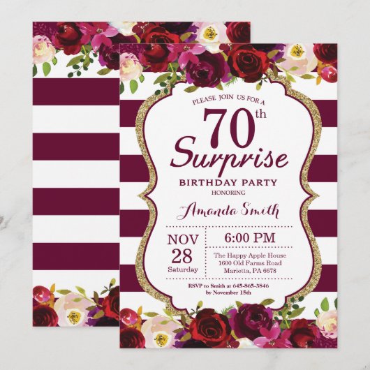 Burgundy Floral Surprise 70th Birthday Party Kaart (Voorkant / Achterkant)