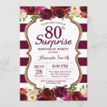 Burgundy Floral Surprise 80th Birthday Party Kaart<br><div class="desc">Burgundy Floral Surprise 80th Birthday Party Invitation for women. Burgundy Red en Gold Birthday Party nodigen uit. Gold Glitter. Florale bloem van de Bourgogne Waterverf. Bourgogne en witte strepen. 13e 15e 16e 18e 21e 30e 40e 50e 60e 70e 90e 100e, Alle leeftijden. Afdrukbaar digitaal. Voor verdere aanpassing, te klikken gelieve...</div>