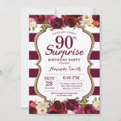Burgundy Floral Surprise 90th Birthday Party Kaart (Voorkant)