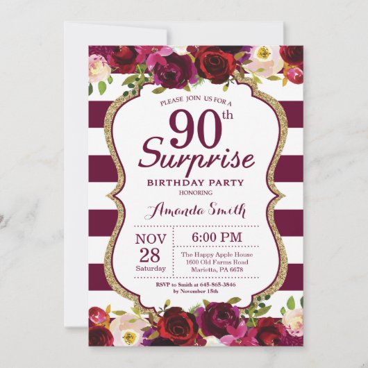 Burgundy Floral Surprise 90th Birthday Party Kaart (Voorkant)