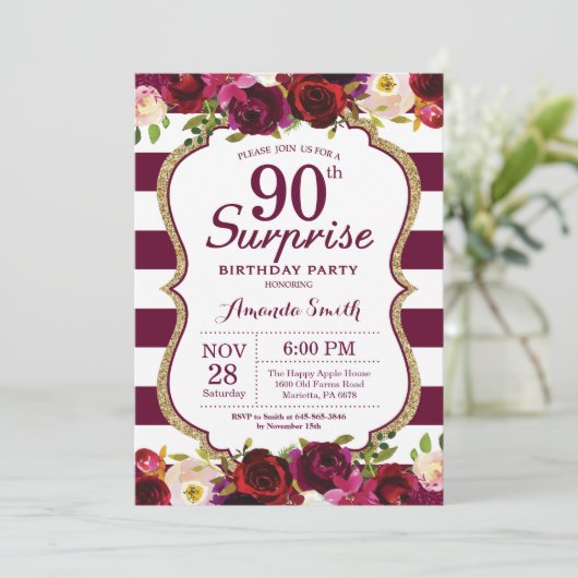 Burgundy Floral Surprise 90th Birthday Party Kaart (Staand voorkant)